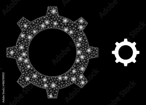 Gear icon and glare mesh net gear model with glitter spots. Illuminated model generated using gear vector icon and triangulated mesh. Illuminated frame gear, on a black background.