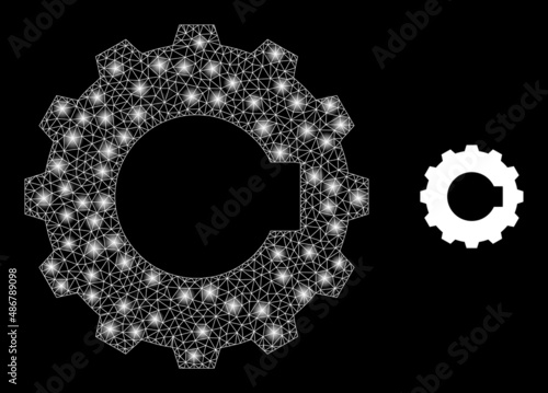Cogwheel icon and glare mesh net cogwheel model with majestic spots. Illuminated model is created using cogwheel vector icon and triangle mesh. Illuminated carcass cogwheel, on a black background.