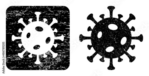 Vector covid virus stencil icon. Grunge covid virus seal, done from icon and rounded square. Rounded square stamp seal include covid virus cut out shape inside. Vector covid virus grunge images.