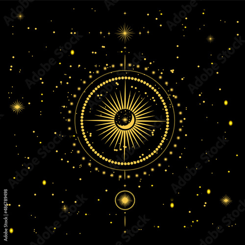 Vector illustration of the twelve zodiac constellations. Horoscope circle, astrology map on the background of the starry night sky in gold color.