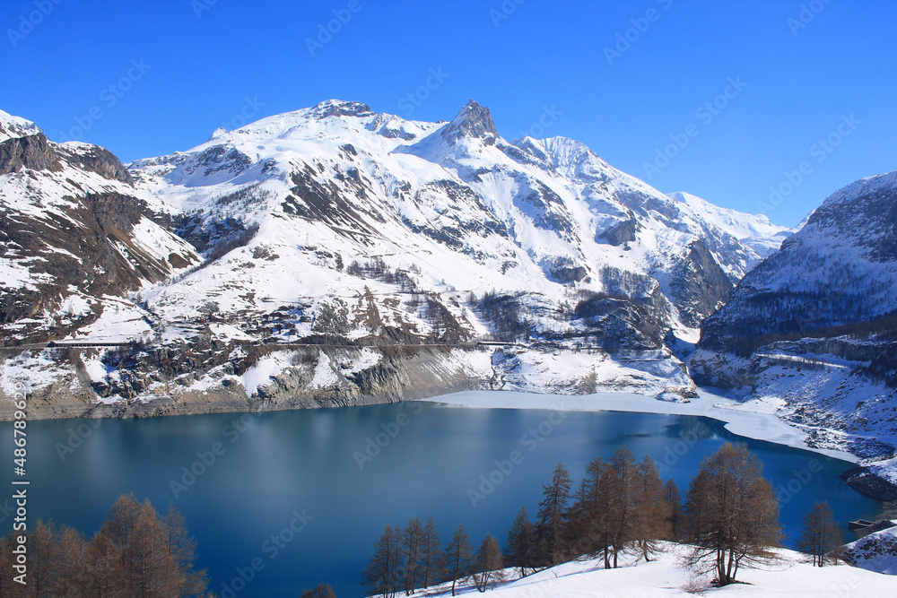 Lake of the Chevril, an amazing natural site in the french Alps, Tignes, Savoie