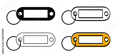 keychain or keyring. Blank, empty plastic label. Empty label for hotel, home, bike, home, car, office or house. key tag. Key tags rings. Key fobs