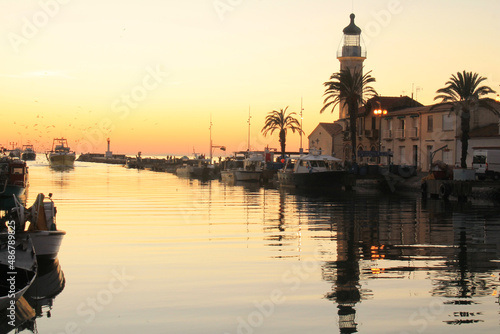 Lighthouse and old fishing port of Grau du roi in Camargue  a resort on the coast of Occitanie region in France 