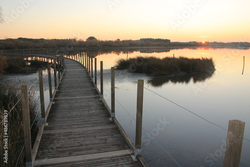 Fototapeta Naklejka Na Ścianę i Meble -  Wooden pontoon and Camargue marshes at sunset