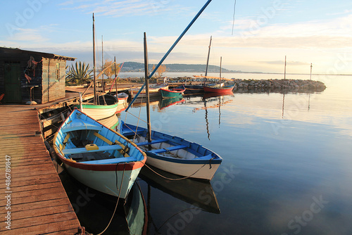 Traditional wooden boats at Bouzigues, a beautiful fishing village in the Bassin de Thau, Herault, France