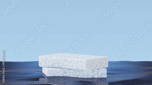 Empty podium on wavy clear calm water texture with splashes and waves in sunlight. Abstract nature background for product presentation. Flat lay cosmetic mockup, copy space. 