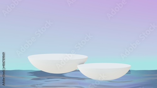 Empty podium on wavy clear calm water texture with splashes and waves in sunlight. Abstract nature background for product presentation. Flat lay cosmetic mockup, copy space. 