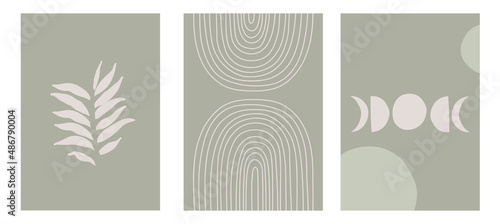 Set of three pastel posters with foliage, rainbow and abstract shapes, vector illustration. Minimal Nordic leaves and ferns art print. Abstraction design for background, wallpaper, card, wall art