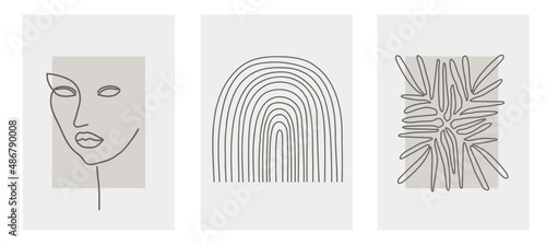 Set of three abstract minimalistic posters with woman's face, leaves and rainbow. Contemporary art prints collection, vector illustration. Abstraction design for background, wallpaper, card, wall art