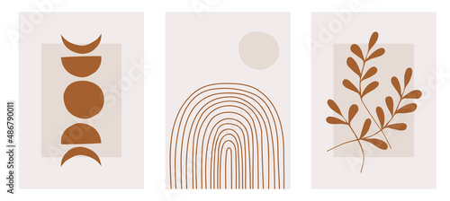 Set of three pastel posters with foliage, rainbow and abstract shapes, vector illustration. Minimal Nordic leaves and ferns art print. Abstraction design for background, wallpaper, card, wall art
