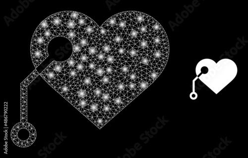 Pacemaker icon and glowing mesh pacemaker model with glowing light spots. Illuminated model created using pacemaker vector icon and triangulated mesh. Flare frame pacemaker, on a black background.