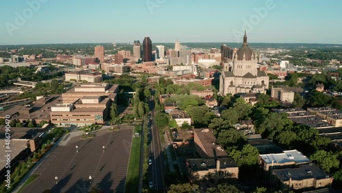 4K UHD aerial view of the city center area of the capital in St Paul Minnesota 