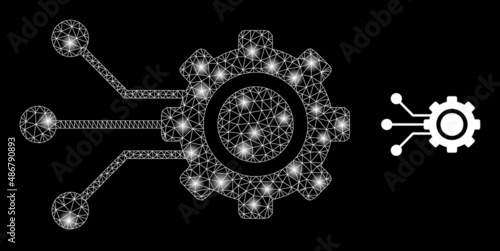 Gear connectors icon and constellation mesh gear connectors structure with sparkle light spots. Illuminated constellation created from gear connectors vector icon and triangulated mesh.