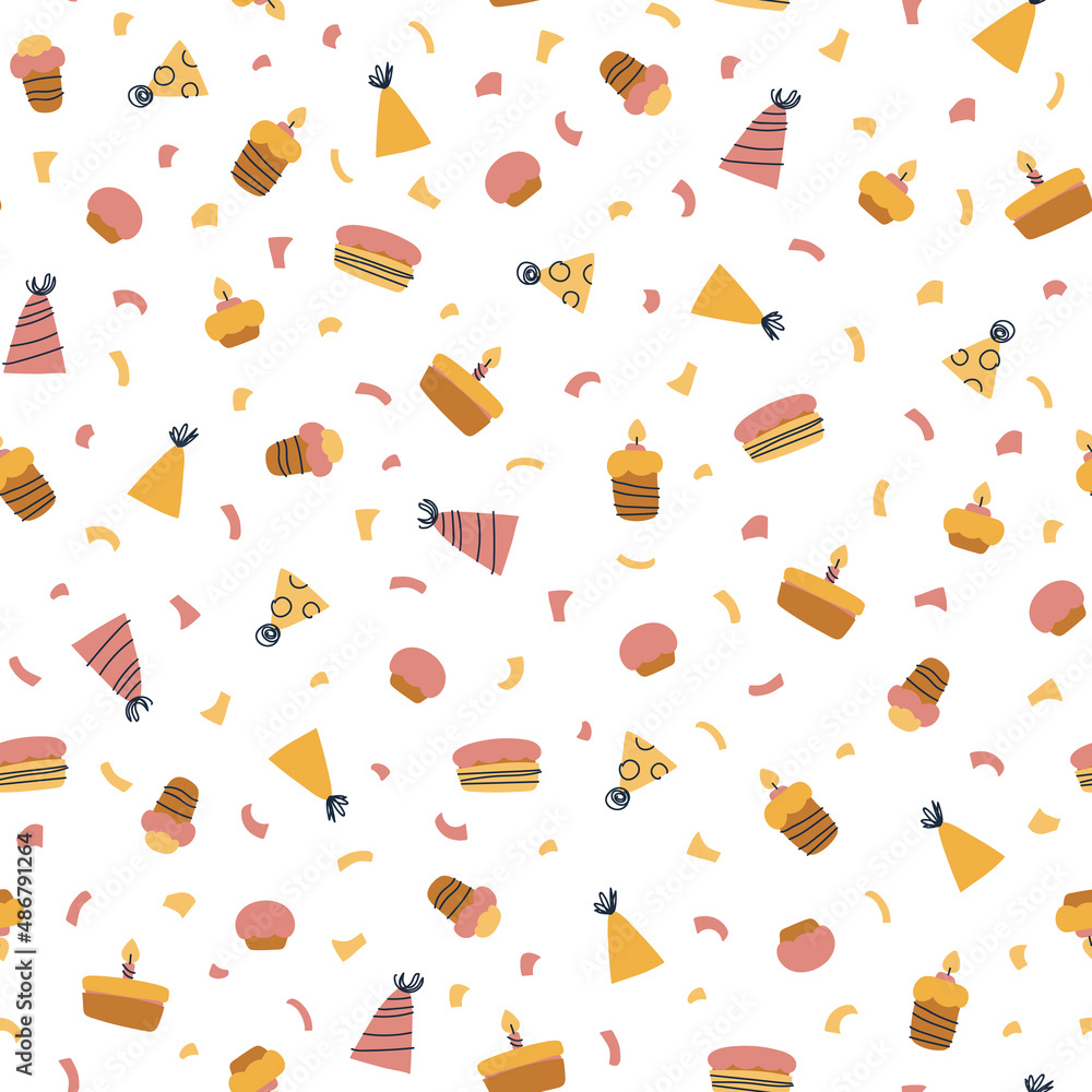 Sweet pattern with cake. Seamless pattern for fabric, paper, wrapping, clothing, textile, wallpaper. Happy birthday