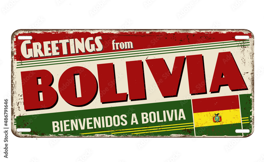 Fototapeta premium Greetings from Bolivia vintage rusty metal plate