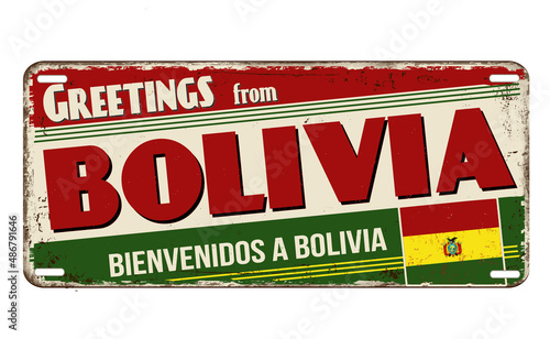Greetings from Bolivia vintage rusty metal plate