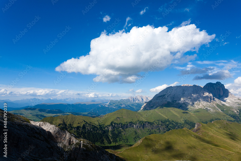 Italian Dolomites, Sassolungo peak view in summer day