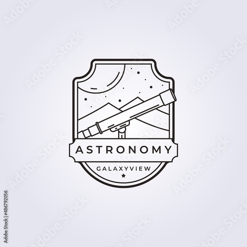 Astronomy and telescope minimal line in badge logo vector illustration template design