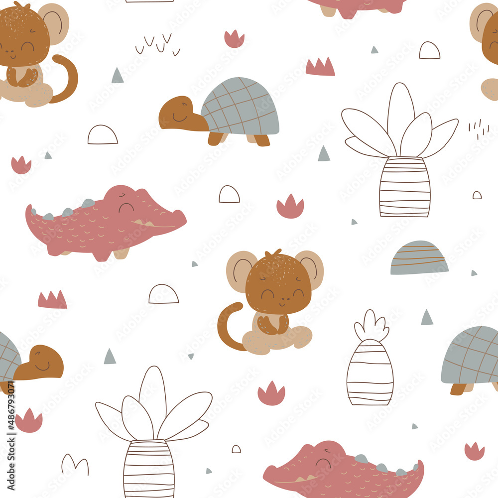 Nursery seamless pattern with jungle animals. Safari pattern. Childish pattern for fabric, wrapping, clothing, textile, wallpaper, pajamas, kids apparel, beddings. Vector