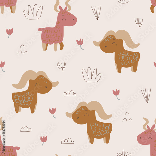 Nursery seamless pattern with jungle animals. Safari pattern. Childish pattern for fabric, wrapping, clothing, textile, wallpaper, pajamas, kids apparel, beddings. Vector