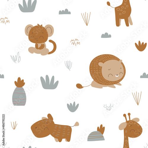 Nursery seamless pattern with safari animals: lion, hippopotamus, monkey, giraffe. Safari pattern. Childish pattern for fabric, wrapping, clothing, textile, wallpaper, pajamas, kids apparel, beddings.