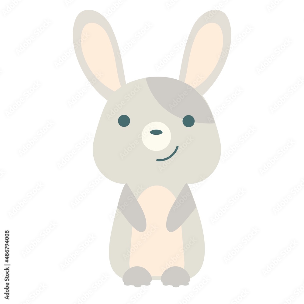Obraz premium Cute gray rabbit flat. Vector in pastel gray colors with bunny ears. Banner, poster, postcard.