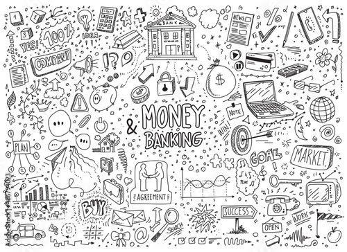 Set of vector money and banking doodle icons