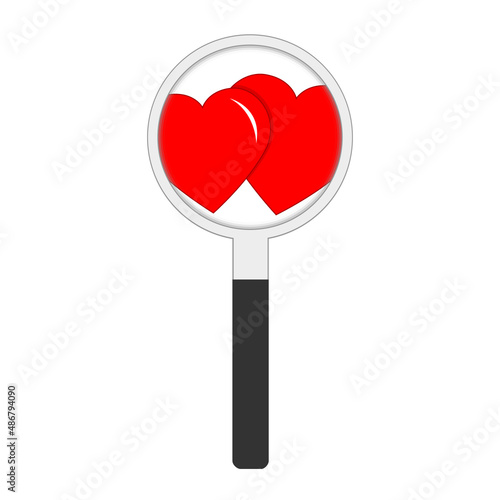 Searching for love concept. Two red hearts under magnifying glass, isolated vector element on white background. Romantic dating, looking for relationship or wedding illustration. Flat design.