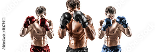 Creative collage of muscular man boxer who training isolated over white background. Sport concept 
