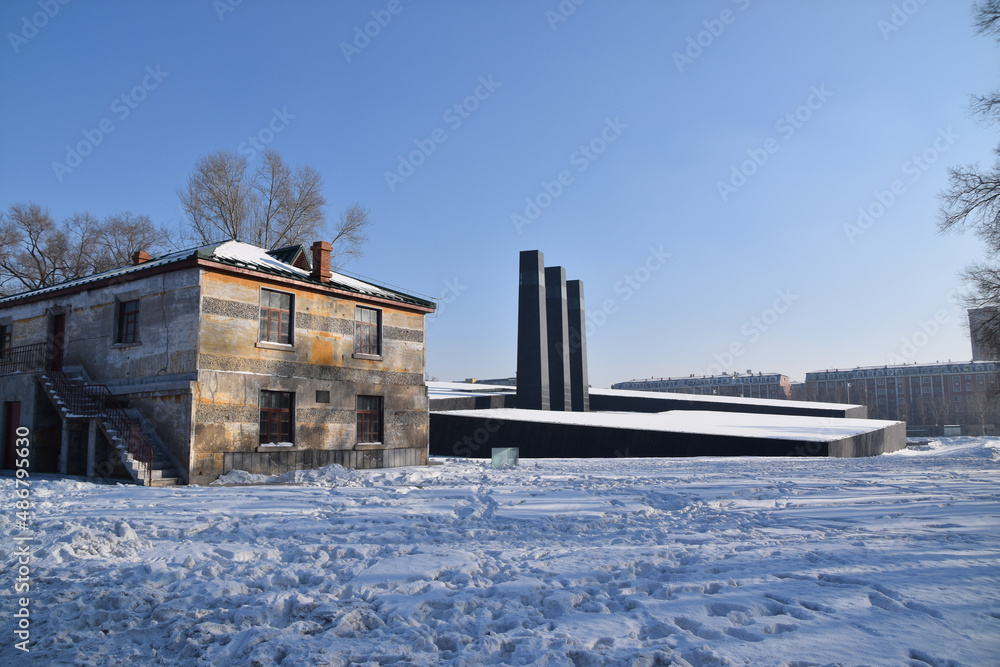 Unit 731 Building, Harbin, China. The old headquarters in winter and covered in snow. 