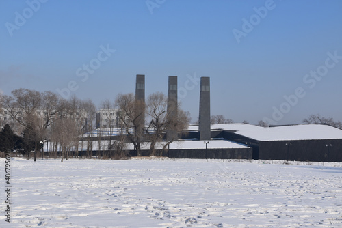 Unit 731 Building, Harbin, China. The old headquarters in winter and covered in snow.  photo