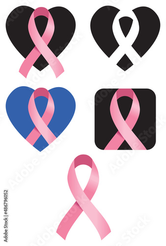 Cancer awareness ribbon and heart icon set