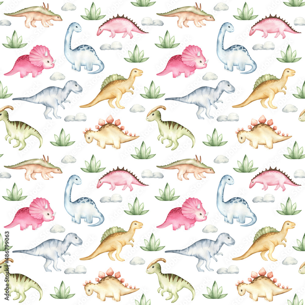 Watercolor cute dino seamless pattern. Background with tropical animal for kids decor. Watercolor cute dino seamless pattern. Background with tropical animal for kids decor.