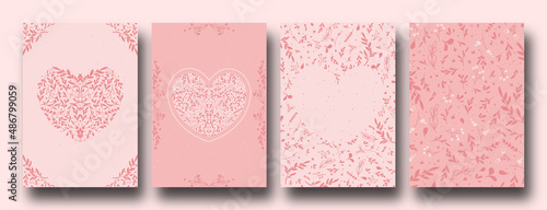 Ornate Happy Valentine's day cards with hearts and leaves, simple and minimal with a copy space. Universal modern artistic templates.