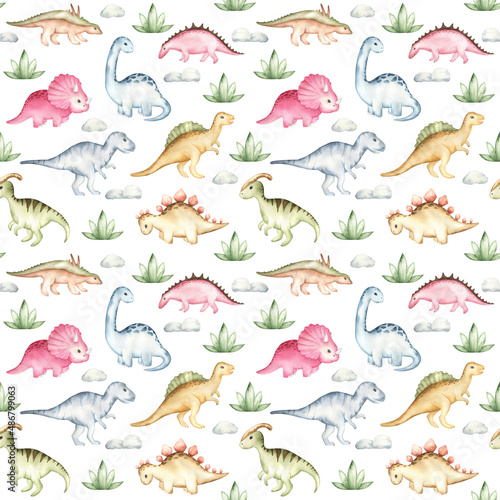 Watercolor cute dino seamless pattern. Background with tropical animal for kids decor.