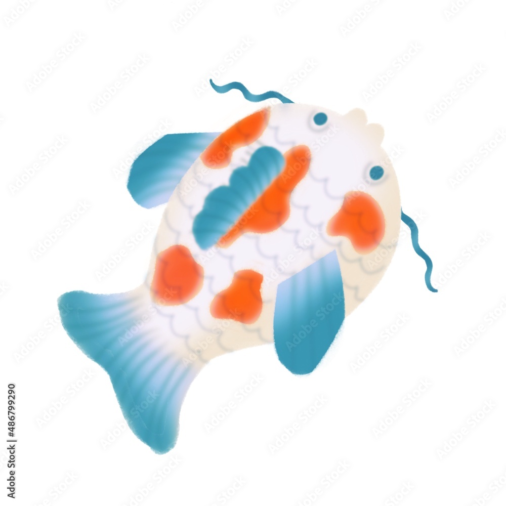 Carp koi goldfish raster on white background in hand-drawn style. Chinese and Japanese oriental design elements. koi carp fish elements. Kawaii  illustration
