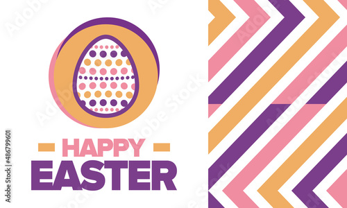 Happy Easter in April. Christian spring holiday in honor of the resurrection of Christ. Biblical history. Traditional dyeing eggs with patterns, fun game for children searching for easter eggs. Vector