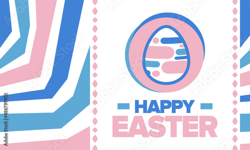 Happy Easter in April. Christian spring holiday in honor of the resurrection of Christ. Biblical history. Traditional dyeing eggs with patterns, fun game for children searching for easter eggs. Vector