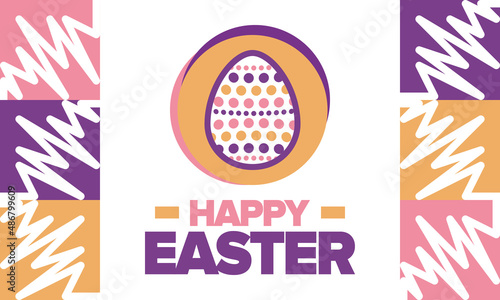 Happy Easter in April. Christian spring holiday in honor of the resurrection of Christ. Biblical history. Traditional dyeing eggs with patterns, fun game for children searching for easter eggs. Vector