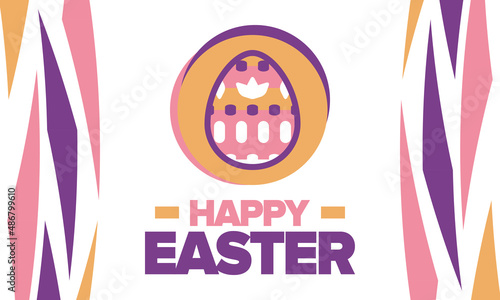 Happy Easter in April. Christian spring holiday in honor of the resurrection of Christ. Biblical history. Traditional dyeing eggs with patterns, fun game for children searching for easter eggs. Vector