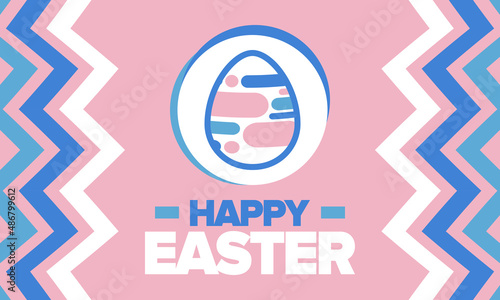 Happy Easter in April. Christian spring holiday in honor of the resurrection of Christ. Biblical history. Traditional dyeing eggs with patterns, fun game for children searching for easter eggs. Vector