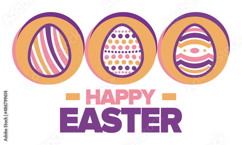 Happy Easter in April. Christian spring holiday in honor of the resurrection of Christ. Biblical history. Traditional dyeing eggs with patterns, fun game for children searching for easter eggs. Vector