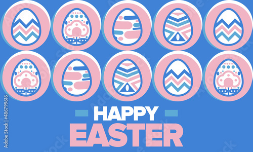 Happy Easter in April. Christian spring holiday in honor of the resurrection of Christ. Biblical history. Traditional dyeing eggs with patterns, fun game for children searching for easter eggs. Vector