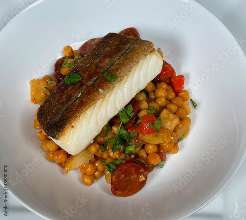 Haddock on chickpea & chorizo stew