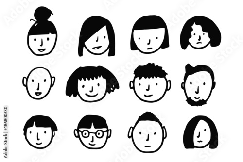 Set of cute vector black doodle male and female people faces. Collection of emotional human avatars for social media design, stickers, icons