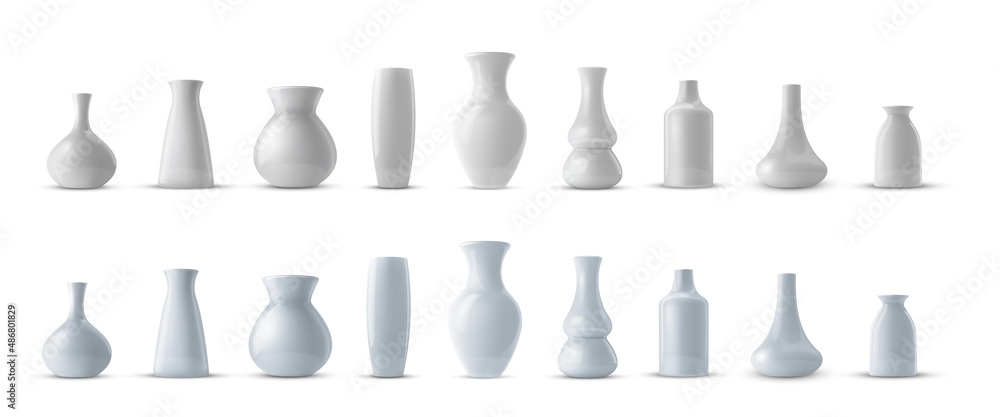 Realistic collection of white ceramic porcelain vase. 3d ceramic glossy pot set. - obrazy, fototapety, plakaty 