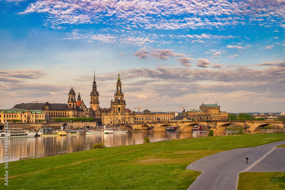 Dresden Germany, city skyline at Elbe River and Augustus Bridge