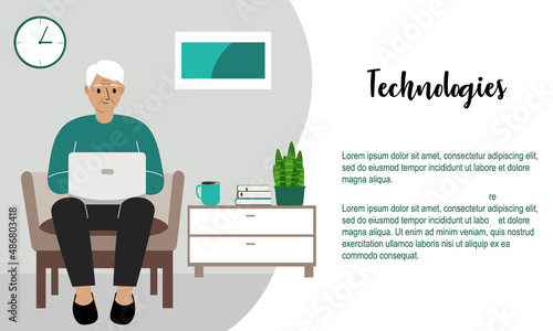 Grandfather is sitting with a laptop on an armchair at home. I work on a computer. Online education, training or social media concept.