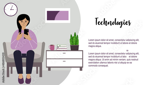 Happy woman is busy with a mobile phone, sitting in a chair. Rest and work at home.