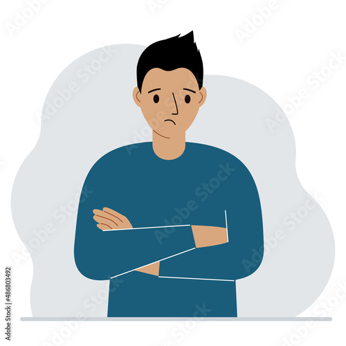 The man is sad and upset. The arms are crossed over the chest. Vector